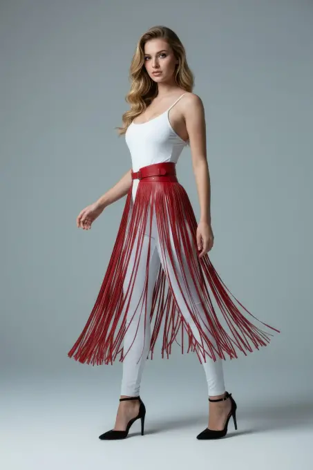 Kırmızı Etek Uzun Püskül Detaylı Etek Suni Deri Etek - APFT1003 - 2