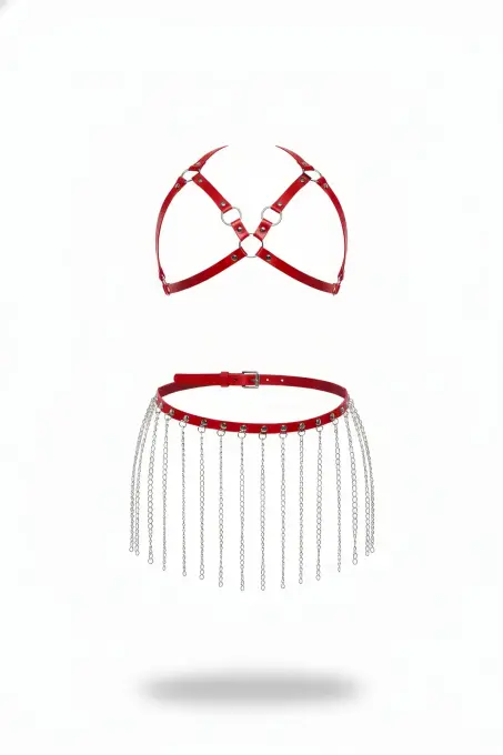 Kırmızı Etek Zincir Detaylı Etek Suni Deri Etek Kısa Etek - APFT931 - 1