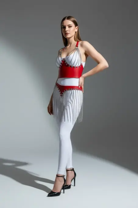 Kırmızı Etek Zincir Detaylı Etek Suni Deri Etek Vücut Aksesuarı - APFT994 - 1