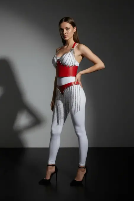 Kırmızı Etek Zincir Detaylı Etek Suni Deri Etek Vücut Aksesuarı - APFT994 - 3