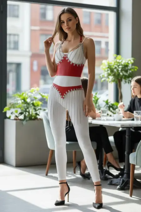 Kırmızı Etek Zincir Detaylı Etek Suni Deri Etek Vücut Aksesuarı - APFT994 - 4