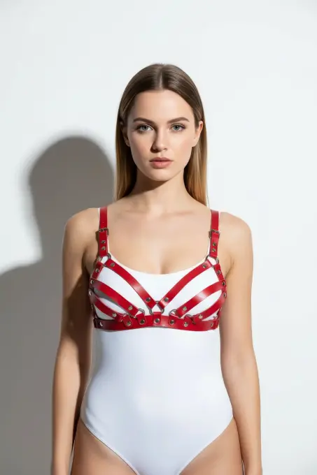 Kırmızı Göğüs Harness Deri Kafes Vücut Aksesuarı - APFT733 - 3