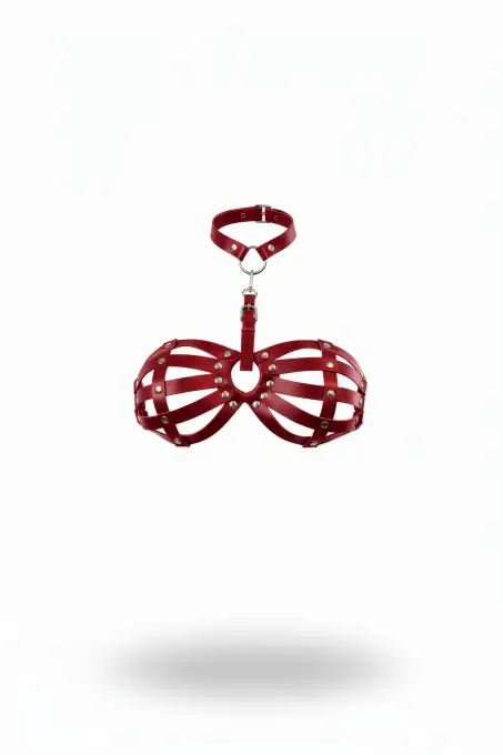 Kırmızı Göğüs Harness Deri Kafesli Zımba Detaylı Boyunluk - APFT224 - 1