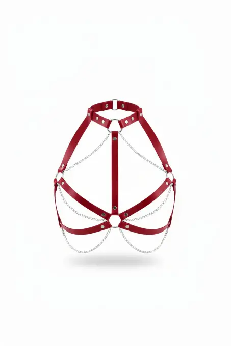 Kırmızı Göğüs Harness Deri Zincir Detaylı Ayarlanabilir Vücut Aksesuarı - APFT796 - 1