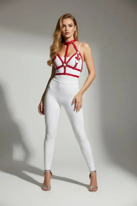 Kırmızı Göğüs Harness Parlak Deri Boyunluk Detaylı - APFT473 - Angels Passion (1)