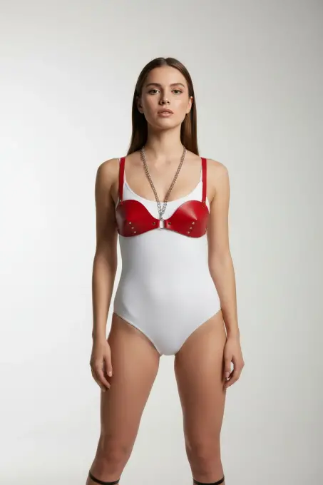 Kırmızı Göğüs Harness Parlak Deri Zincir Detaylı Aksesuar - APFT1380 - 3