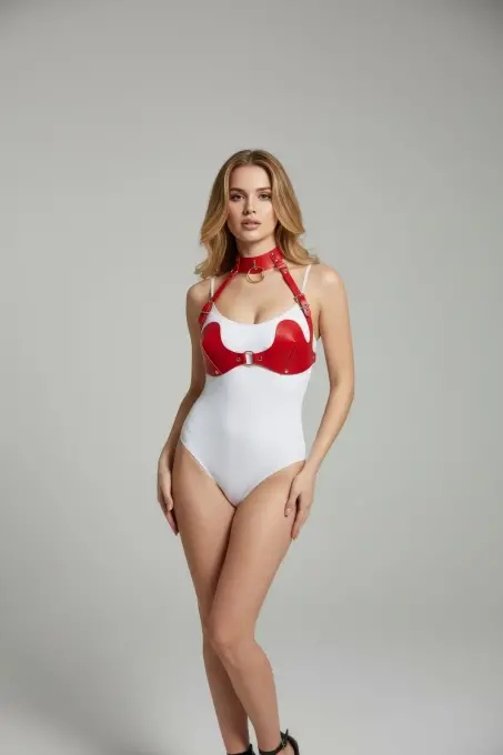 Kırmızı Göğüs Harness Parlak Suni Deri Halka Detaylı - APFT1226 - 3