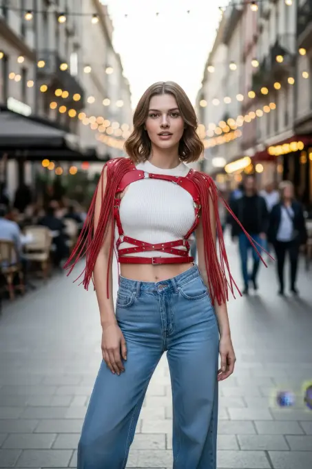 Kırmızı Göğüs Harness Püskül Detaylı Deri Omuz Aksesuarı - APFT999 - 3