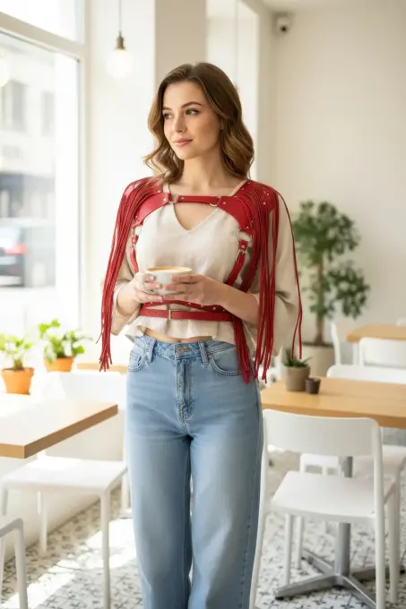 Kırmızı Göğüs Harness Püskül Detaylı Deri Omuz Aksesuarı - APFT999 - 4