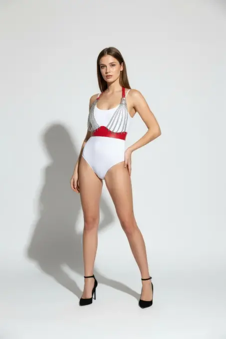 Kırmızı Göğüs Harness Zincir Detaylı Deri Aksesuar - APFT964 - 1