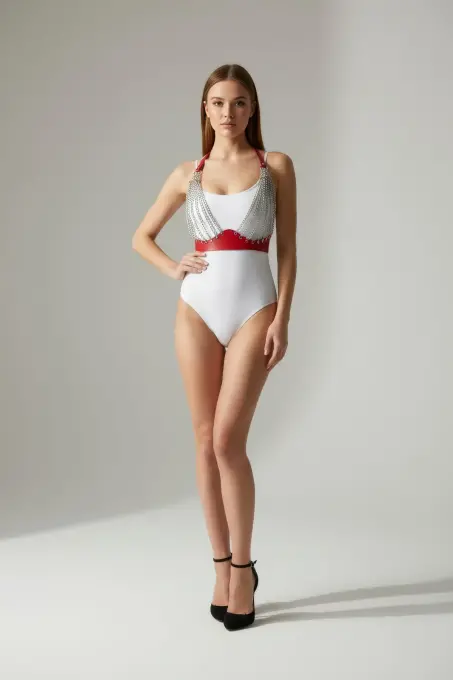 Kırmızı Göğüs Harness Zincir Detaylı Deri Aksesuar - APFT964 - 3