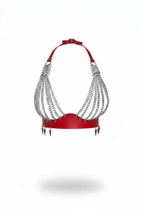 Kırmızı Göğüs Harness Zincir Detaylı Suni Deri Bralet - APFT964 - 1