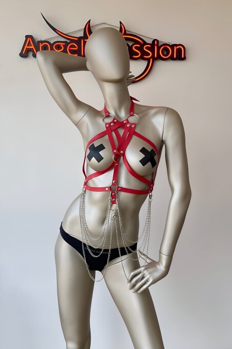 Kırmızı Göğüs Üzeri Seksi Erotik Harness - 2