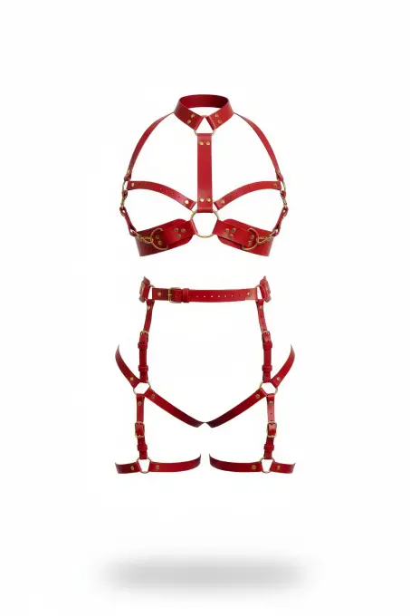Kırmızı Harness Takım Altın Tokalı Zincir Detaylı Deri Set - APFT1016 - 1