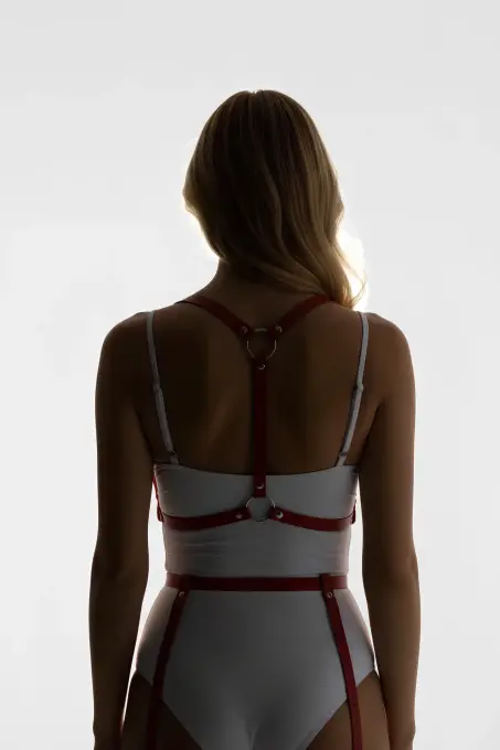 Kırmızı Harness Takım Ayarlanabilir Deri Tokalı Jartiyer Detaylı - APFT1426 - 7