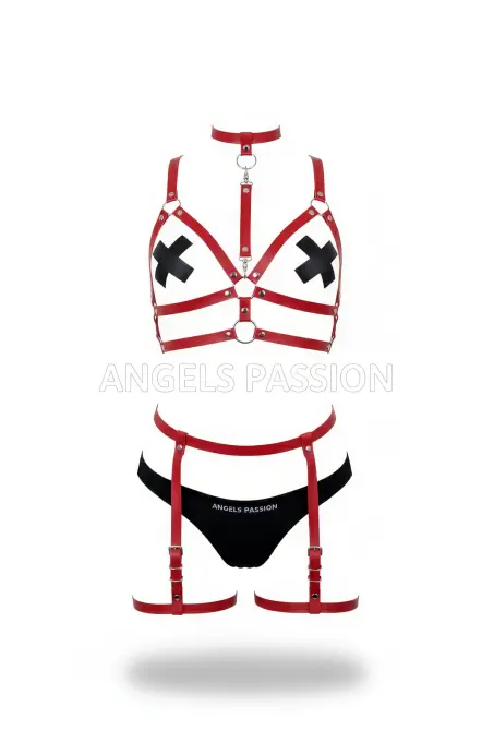 Kırmızı Harness Takım Boyunluklu Jartiyerli Metal Detaylı - APFT488 - 1