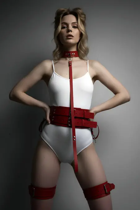 Kırmızı Harness Takım Deri Çoklu Kemer Boyunluklu Set - APFT869 - 1