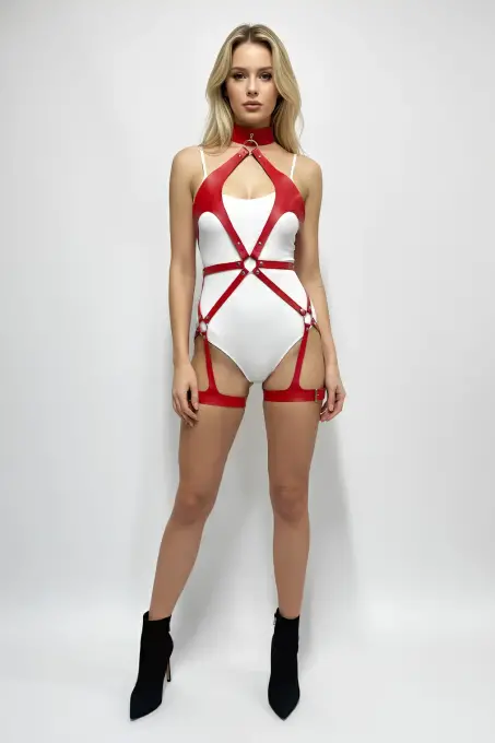 Kırmızı Harness Takım Deri Görünümlü Boyunluklu Vücut Kemeri - APFT1331 - 1