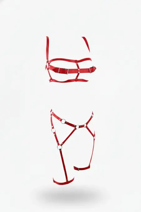 Kırmızı Harness Takım Deri Halka Detaylı Vücut Kemeri - APFT560 - 1