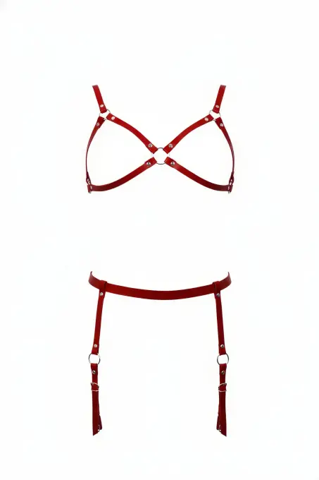 Kırmızı Harness Takım Deri Jartiyer Detaylı Metal Halkalı - APFT228 - 1