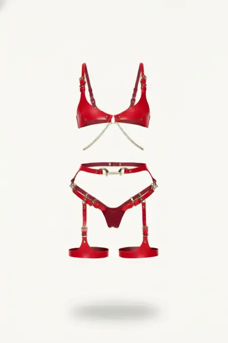 Kırmızı Harness Takım Deri Materyal Zincir Detaylı - APFT1379 - 1