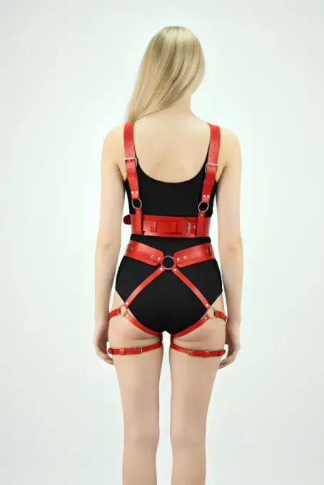 Kırmızı Harness Takım Deri Metal Detaylı Vücut Aksesuarı - APFT1016 - 3