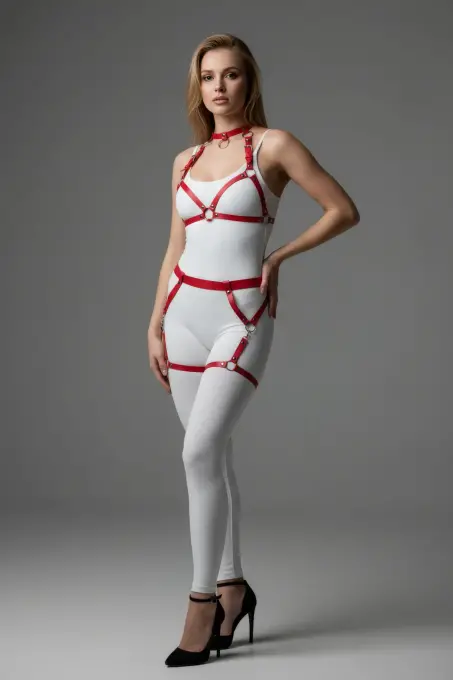 Kırmızı Harness Takım Deri Metal Halka Detaylı Vücut Aksesuarı - APFT478 - 3