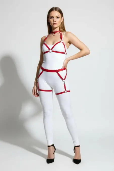 Kırmızı Harness Takım Deri Metal Halka Detaylı Vücut Aksesuarı - APFT478 - 4