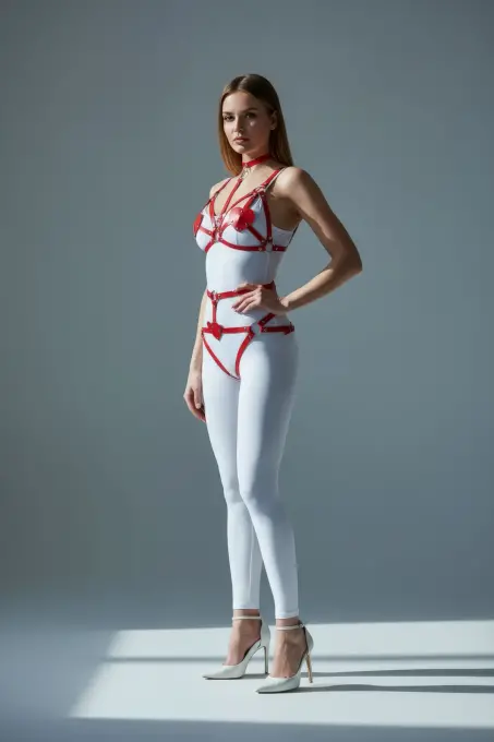 Kırmızı Harness Takım Deri Vücut Aksesuarı Tokalı Gerdanlık Detaylı - APFT467 - 1