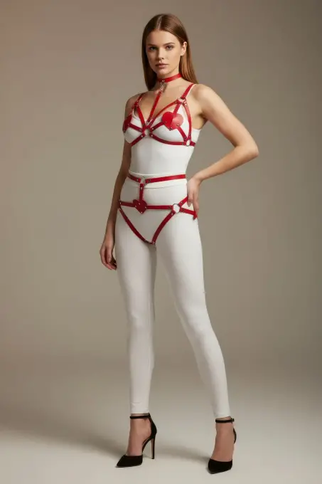 Kırmızı Harness Takım Deri Vücut Aksesuarı Tokalı Gerdanlık Detaylı - APFT467 - 2