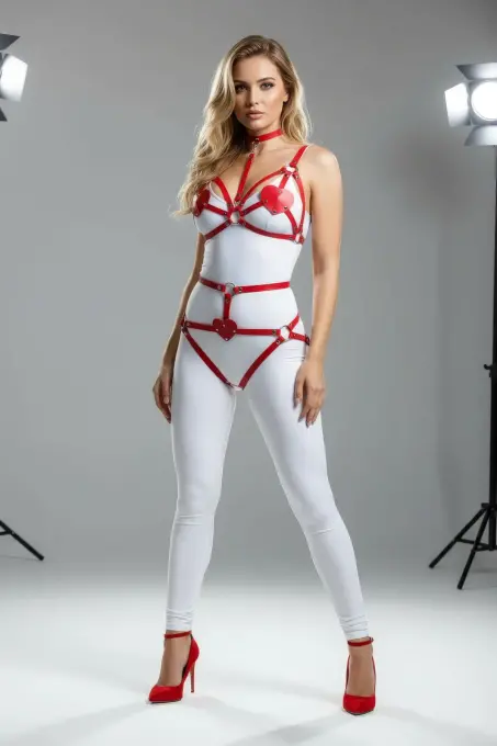 Kırmızı Harness Takım Deri Vücut Aksesuarı Tokalı Gerdanlık Detaylı - APFT467 - 3