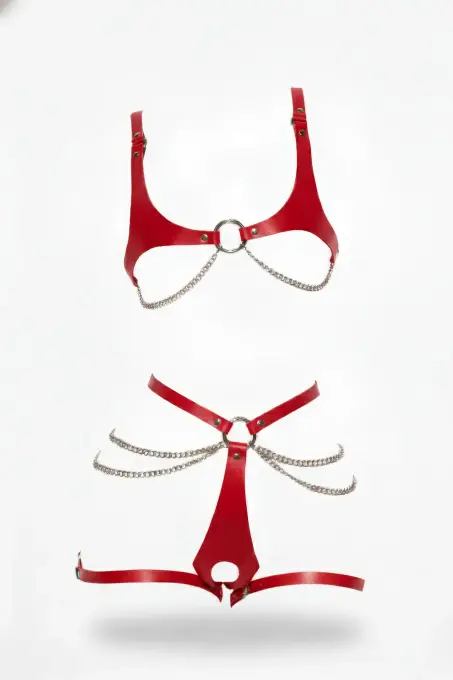 Kırmızı Harness Takım Deri Zincir Detaylı Vücut Aksesuarı - APFT1384 - 1
