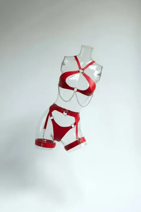 Kırmızı Harness Takım Deri Zincir Detaylı Vücut Jartiyer - APFT1330 - 1