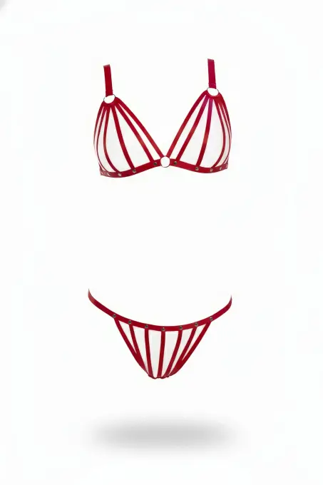 Kırmızı Harness Takım Metal Detaylı Bantlı Sütyen Külot - APFT555 - 1