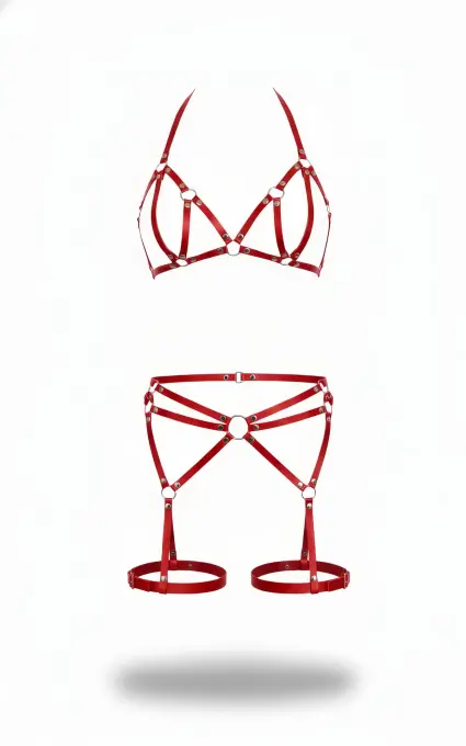 Kırmızı Harness Takım Metal Halka Detaylı Bralet Jartiyer Seti - APFT547 - 1