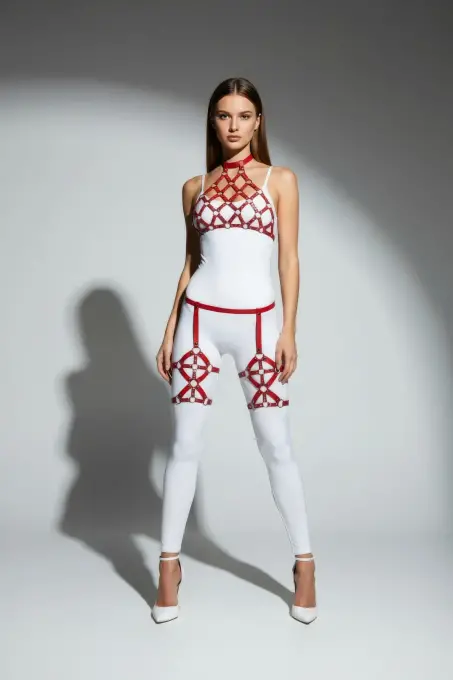 Kırmızı Harness Takım O Halka Detaylı Yüksek Yaka Vücut Kafesi - APFT460 - 1