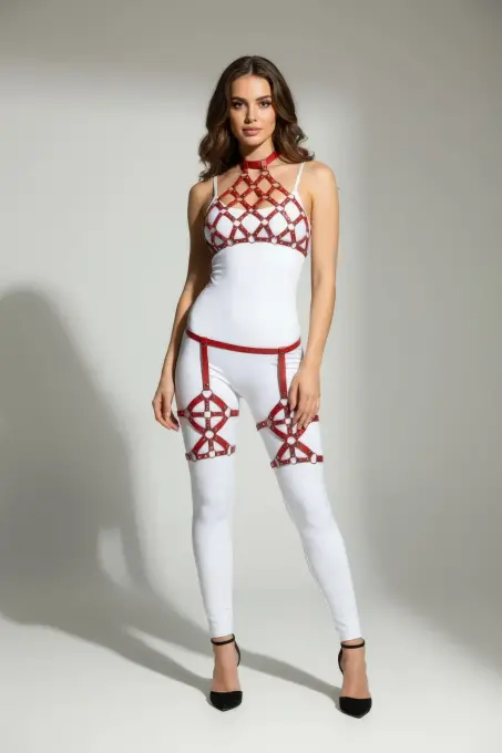 Kırmızı Harness Takım O Halka Detaylı Yüksek Yaka Vücut Kafesi - APFT460 - Angels Passion (1)