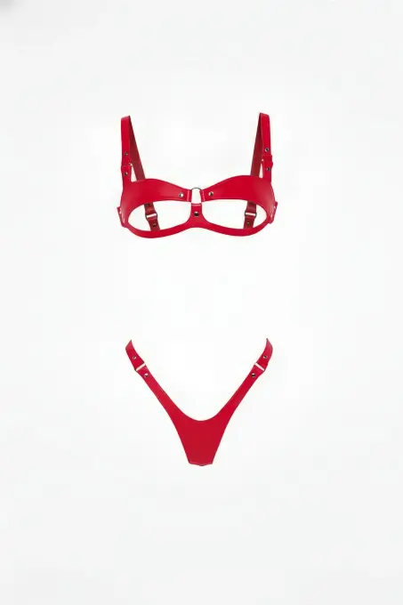 Kırmızı Harness Takım Parlak Deri Açık Kap Sütyen Tanga Set - APFT1382 - 1