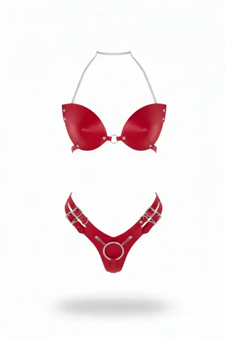 Kırmızı Harness Takım Parlak Deri Zincir Boyun Detaylı - APFT1223 - 1