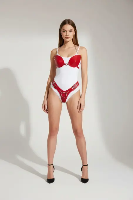 Kırmızı Harness Takım Parlak Deri Zincir Detaylı Badi - APFT1223 - Angels Passion (1)