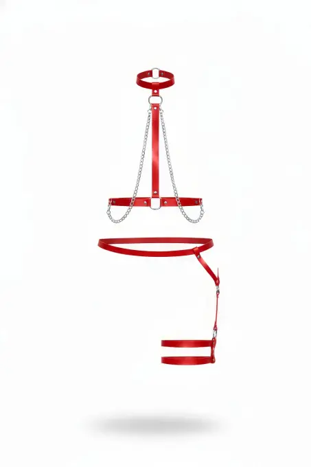 Kırmızı Harness Takım Suni Deri Zincir Detaylı Vücut Aksesuarı - APFT713 - 1