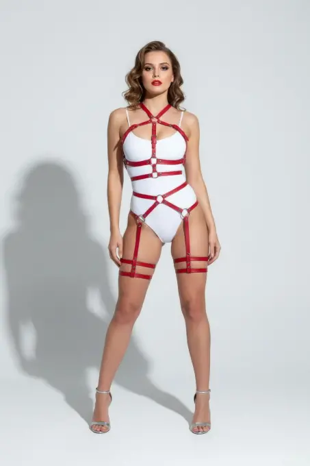 Kırmızı Harness Takım Vücut Bandajlı Metal Halka Detaylı - APFT598 - 1