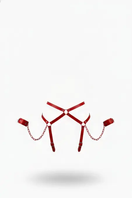 Kırmızı Harness Takım Zincir Detaylı Kelepçeli Vücut Aksesuarı - APFT708 - 1