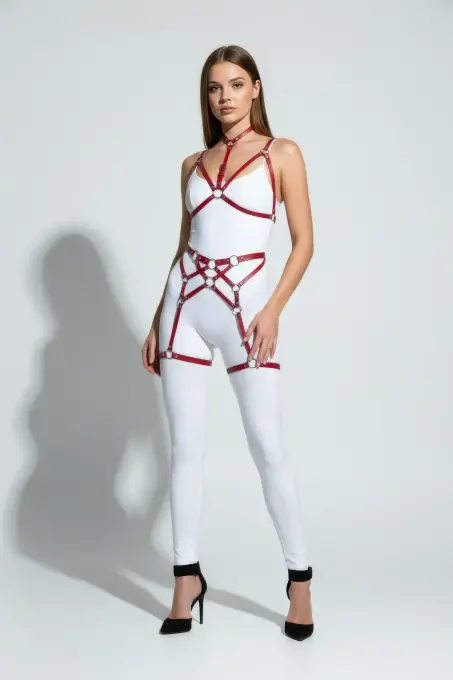 Kırmızı Jartiyer Harness Deri Halka Detaylı Boyunluklu Vücut Aksesuarı - APFT507 - 4