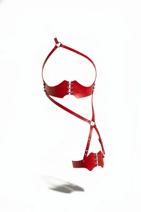 Kırmızı Jartiyer Harness Deri Korse Detaylı Vücut Bağlaması - APFT1372 - 1