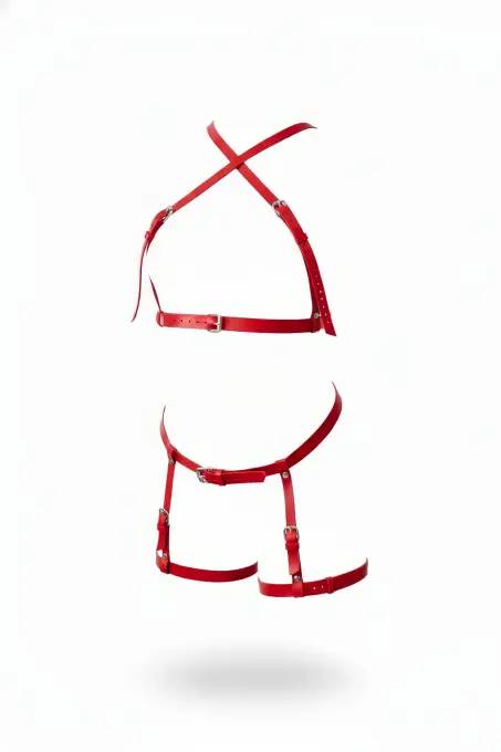 Kırmızı Jartiyer Harness Deri Tokalı Vücut Bacak Seti - APFT865 - 1