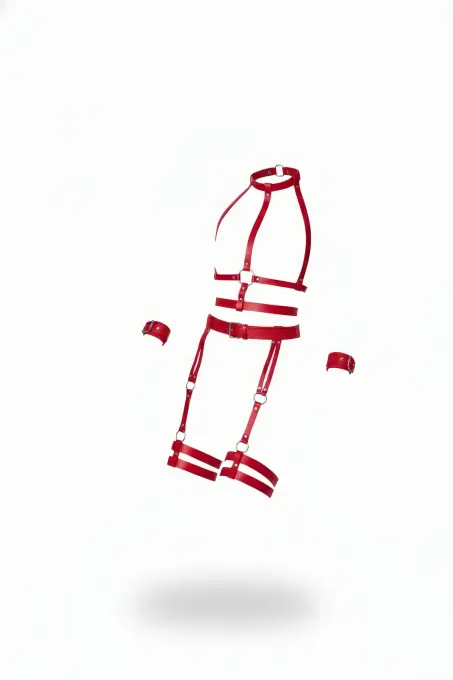 Kırmızı Jartiyer Harness Deri Vücut Kafesi Bileklik Seti - APFT697 - 1