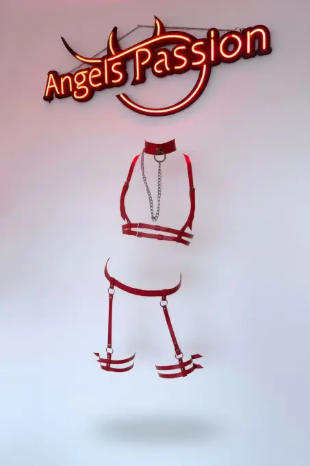 Kırmızı Jartiyer Harness Zincir Detaylı Ayarlanabilir Vücut Seti - APFT516 - 1