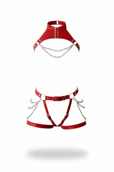 Kırmızı Jartiyer Harness Zincir Detaylı Deri Vücut Takımı - APFT1369 - 1