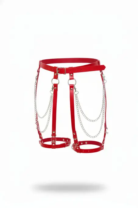 Kırmızı Jartiyer Harness Zincir Detaylı Suni Deri Tokalı - APFT958 - 1